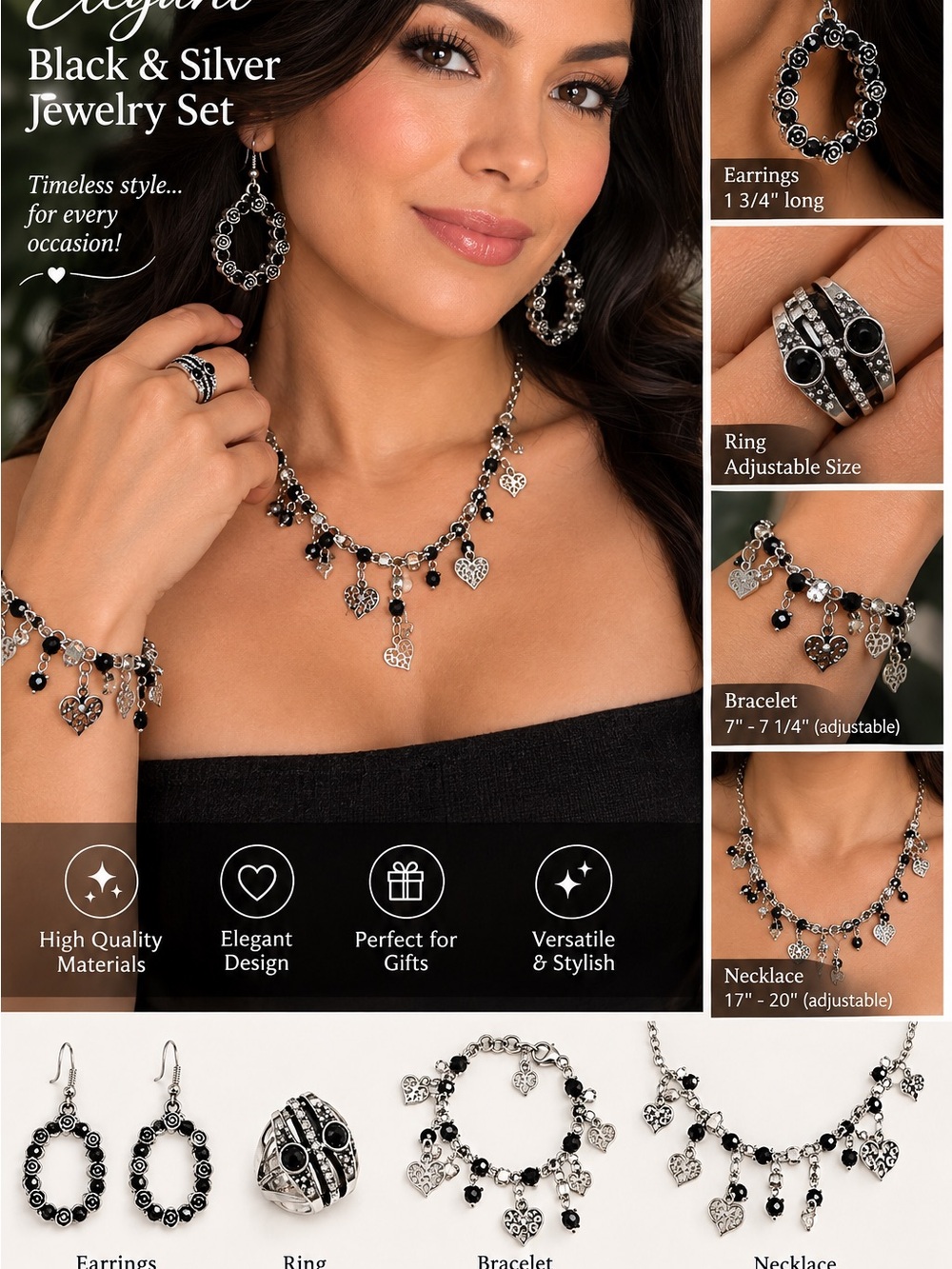 Elegant Black & Silver Heart Charm Jewelry- adjustable bracelet & ring